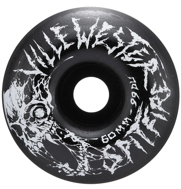 A black and white SPITFIRE VILLE ANNIHILATION F4 CLASSIC 99A 60MM skateboard wheel with a skull on it from SPITFIRE.