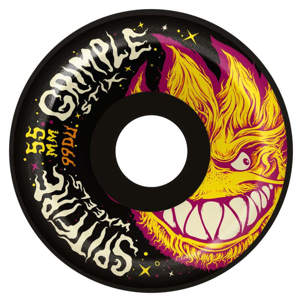 A round skateboard wheel with a cosmic theme, featuring a grinning flame character. Text: "Spitfire Wheels," "55mm," "99DU," and "Grimple Stix." Black background with yellow and purple accents. This SPITFIRE X GRIMPLE STIX F4 LOCK-IN FULL 99D 55MM BLACK model blends perfectly with your SPITFIRE setup.