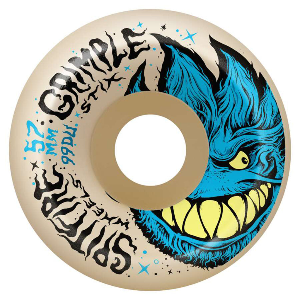 A skateboard wheel featuring a blue, grinning, cat-like face design. Text reads "SPITFIRE X GRIMPLE STIX" and "SPITFIRE X GRIMPLE STIX F4 LOCK-IN FULL 99D 57MM.