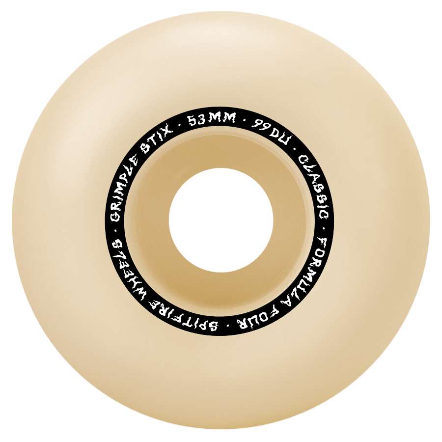 A beige skateboard wheel with black text around the center reading "53MM 99DU CLASSIC FORMULA FOUR SPITFIRE X GRIMPLE STIX F4 CLASSICS 99D" by SPITFIRE.