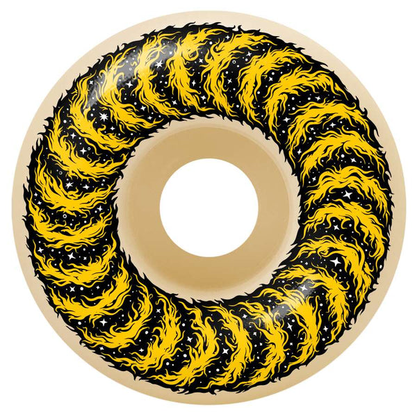 The SPITFIRE X GRIMPLE STIX F4 CLASSICS 99D 53MM skateboard wheel features a black and yellow flame pattern with a plain center hole, contrasting the vibrant outer design. Part of the SPITFIRE collection, it boasts F4 LOCK-IN technology for enhanced performance.