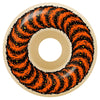 A cream-colored skateboard wheel with an orange and black flame pattern around its edge, featuring the iconic SPITFIRE SPITFIRE X GRIMPLE STIX F4 CLASSICS 99D 54MM lock-in shape for superior grip and control.