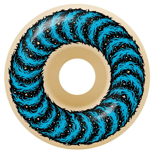 This SPITFIRE X GRIMPLE STIX F4 CLASSICS 99D 56MM skateboard wheel features a beige core and a swirling blue and black flame design on the outer surface, seamlessly blending performance with style.
