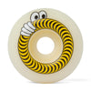 A white and yellow SPITFIRE X LAST RESORT AB F4 CLASSIC 99D 52MM skateboard wheel with a ring on it, featuring the Spitfire logo.