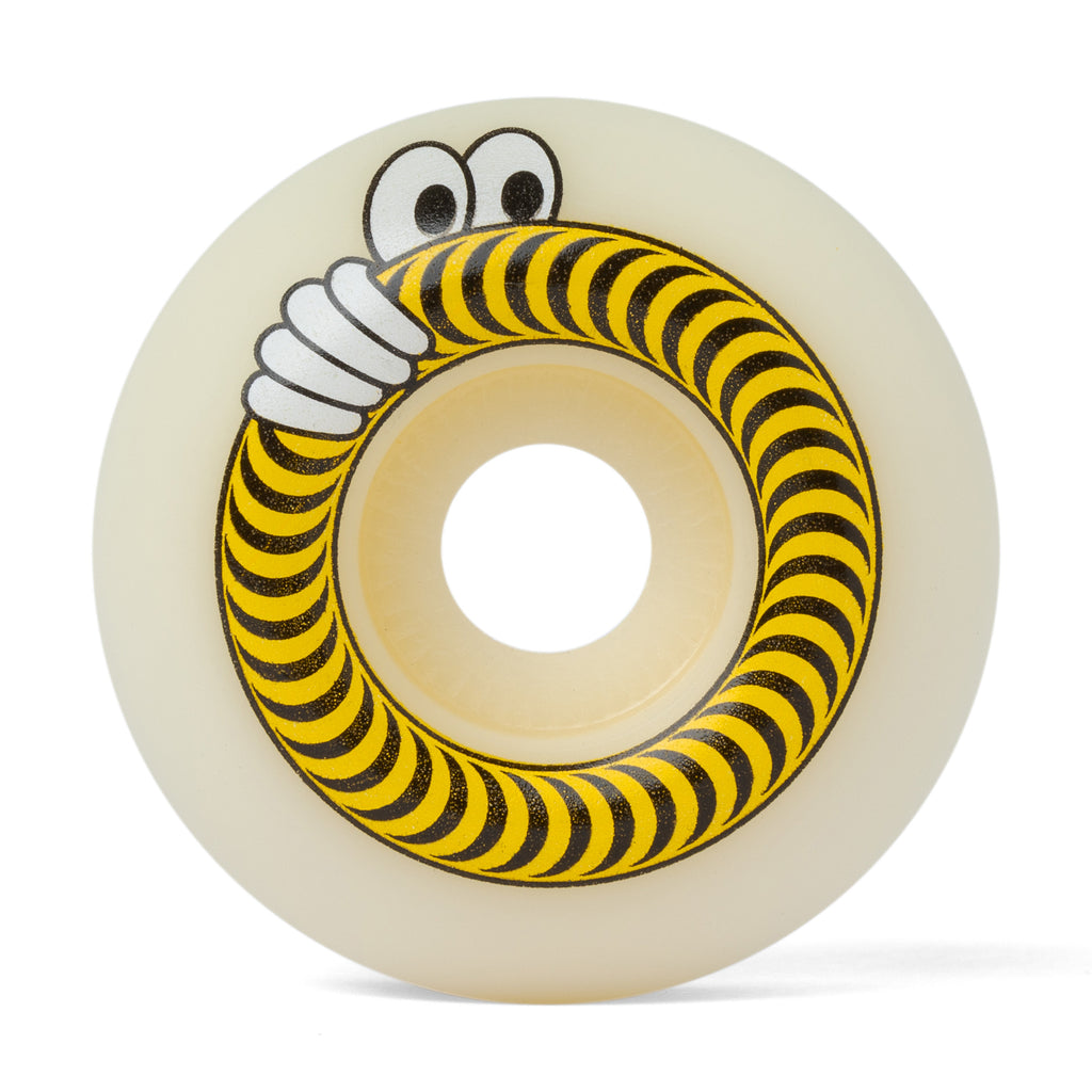 A white and yellow SPITFIRE X LAST RESORT AB F4 CLASSIC 99D 52MM skateboard wheel with a ring on it, featuring the Spitfire logo.