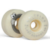 A pair of white skateboard wheels with a SPITFIRE logo on them and FLASH POINT would be replaced with: A pair of white skateboard wheels with a SPITFIRE X LAST RESORT AB F4 CLASSIC 99D 54MM logo on them and FLASH POINT.