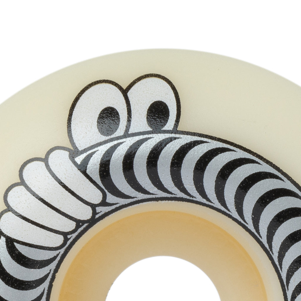 A skateboard wheel with a black and white SPITFIRE X LAST RESORT AB F4 CLASSIC 99D 54MM design.