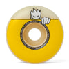 A yellow and white SPITFIRE X LAST RESORT AB F4 RADIAL FULL 99D 56MM skateboard wheel with a cartoon character on it.