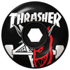 The SPITFIRE X THRASHER BURN 80HD 56MM BLACK wheels feature a black design with a white "Thrasher" logo, trident and red devil face graphics, and are made from durable 80 duro urethane.