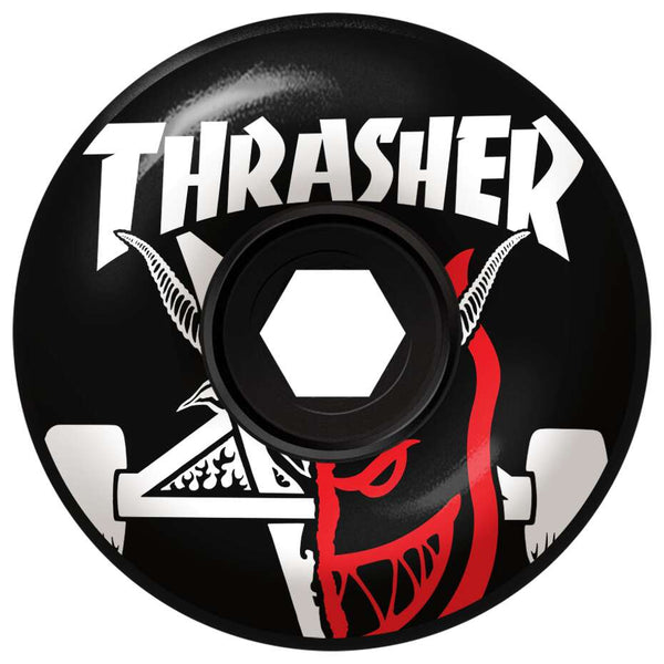 The SPITFIRE X THRASHER BURN 80HD 56MM BLACK wheels feature a black design with a white "Thrasher" logo, trident and red devil face graphics, and are made from durable 80 duro urethane.