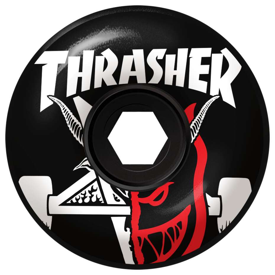 The SPITFIRE X THRASHER BURN 80HD 56MM BLACK wheels feature a black design with a white "Thrasher" logo, trident and red devil face graphics, and are made from durable 80 duro urethane.