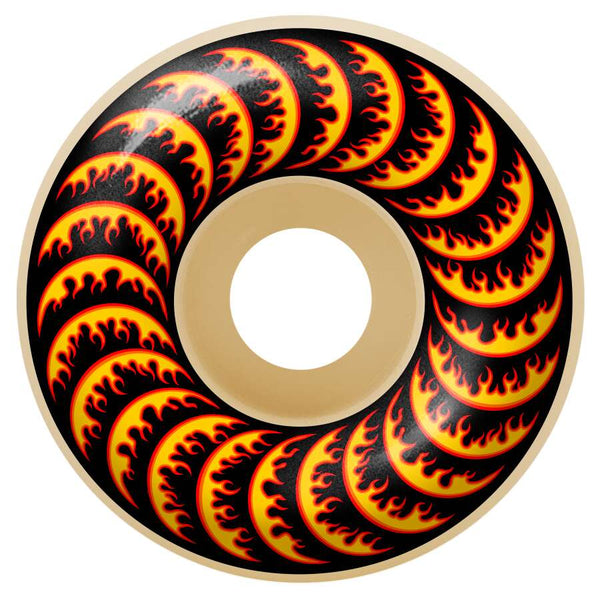 The SPITFIRE X THRASHER F4 FLAME CLASSICS 99D 52MM skateboard wheels feature a bold orange and yellow flame design—ideal for fans of both brands and the legendary FORMULA FOUR series.
