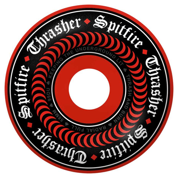 The SPITFIRE X THRASHER F4 OATH RADIAL FULL 99D 58MM RED skateboard wheel features black and red colors, white Spitfire and Thrasher logos, a central spiral pattern, and high-performance Formula Four construction.
