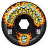 A black SPITFIRE 80HD CHROME VENOM CONICAL FULL 58MM skateboard wheel features yellow-orange flame graphics, graffiti-style text, and a cartoon face for bold style and top performance.