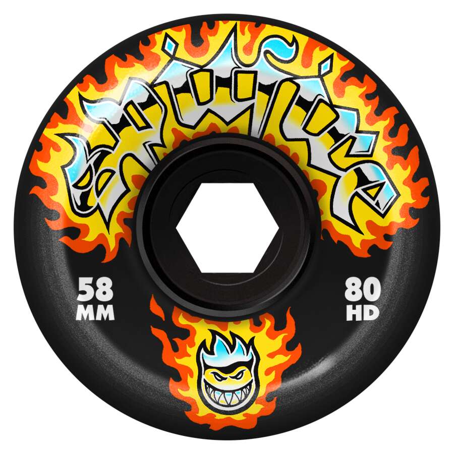 A black SPITFIRE 80HD CHROME VENOM CONICAL FULL 58MM skateboard wheel features yellow-orange flame graphics, graffiti-style text, and a cartoon face for bold style and top performance.