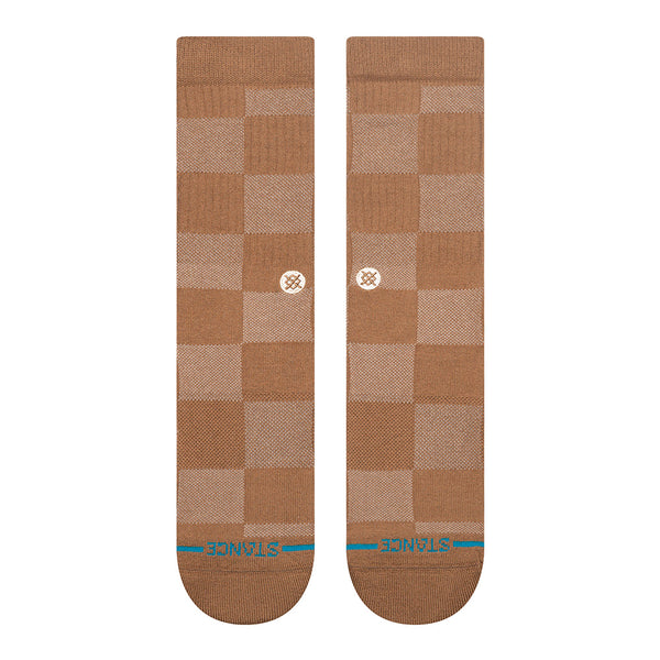 The STANCE SOCKS DOWN AND OUT BROWN LARGE are brown checkered crew socks with a small white emblem and blue "STANCE" text on the toes.
