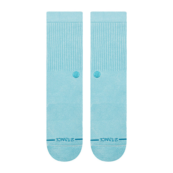 The STANCE SOCKS ICON DYED ELECTRIC BLUE LARGE are crew socks made from a soft cotton blend, featuring a small circular logo and "STANCE" print near the toes for stylish, all-day comfort.