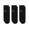 The STANCE SOCKS ICON QUARTER 3 PACK in black (large) features three pairs of quarter-height socks with a white circular logo and “STANCE” in blue on the toe, offering comfort and arch support.