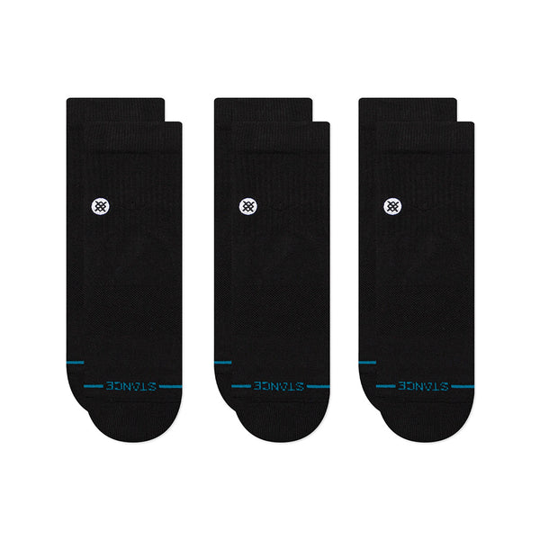 The STANCE SOCKS ICON QUARTER 3 PACK in black (large) features three pairs of quarter-height socks with a white circular logo and “STANCE” in blue on the toe, offering comfort and arch support.