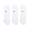 The STANCE SOCKS ICON QUARTER 3 PACK WHITE LARGE includes three pairs of white quarter socks featuring a small black circular logo, blue "STANCE" branding near the toes, and arch support for comfort.