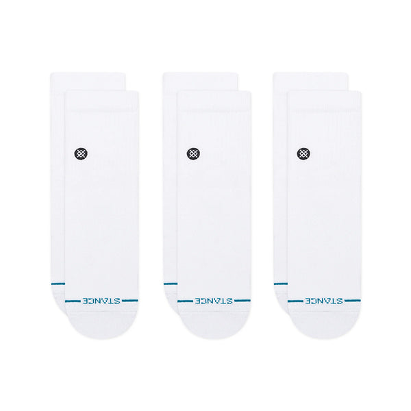 The STANCE SOCKS ICON QUARTER 3 PACK WHITE LARGE includes three pairs of white quarter socks featuring a small black circular logo, blue "STANCE" branding near the toes, and arch support for comfort.