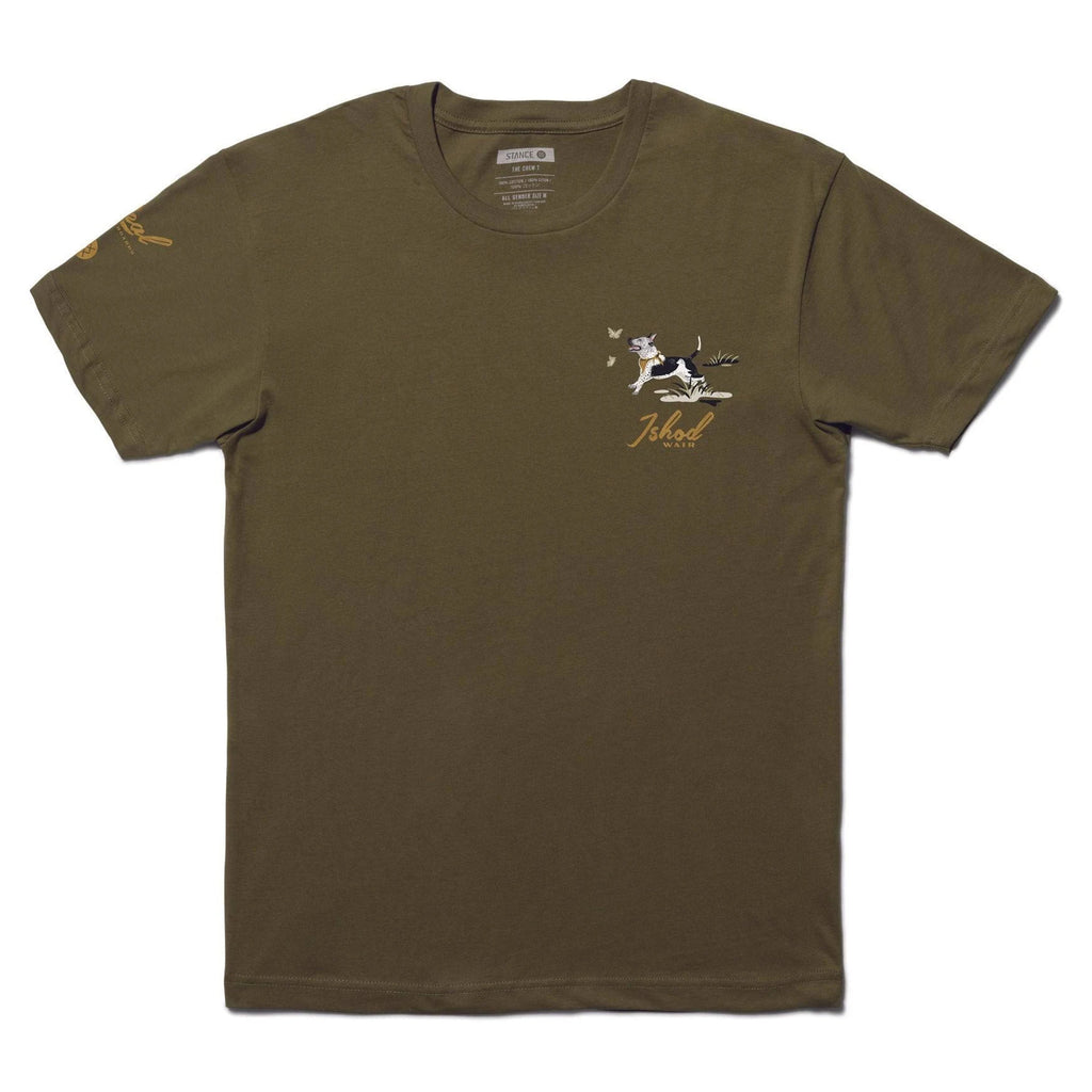 Military green cotton blend T-shirt from STANCE, featuring the "ISKOD" logo and a whimsical graphic of a cat holding a fish on the front, offering a unique twist reminiscent of Wu-Tang style.