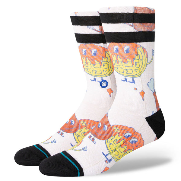 A pair of white socks with cartoon drawn characters of chicken and waffles.