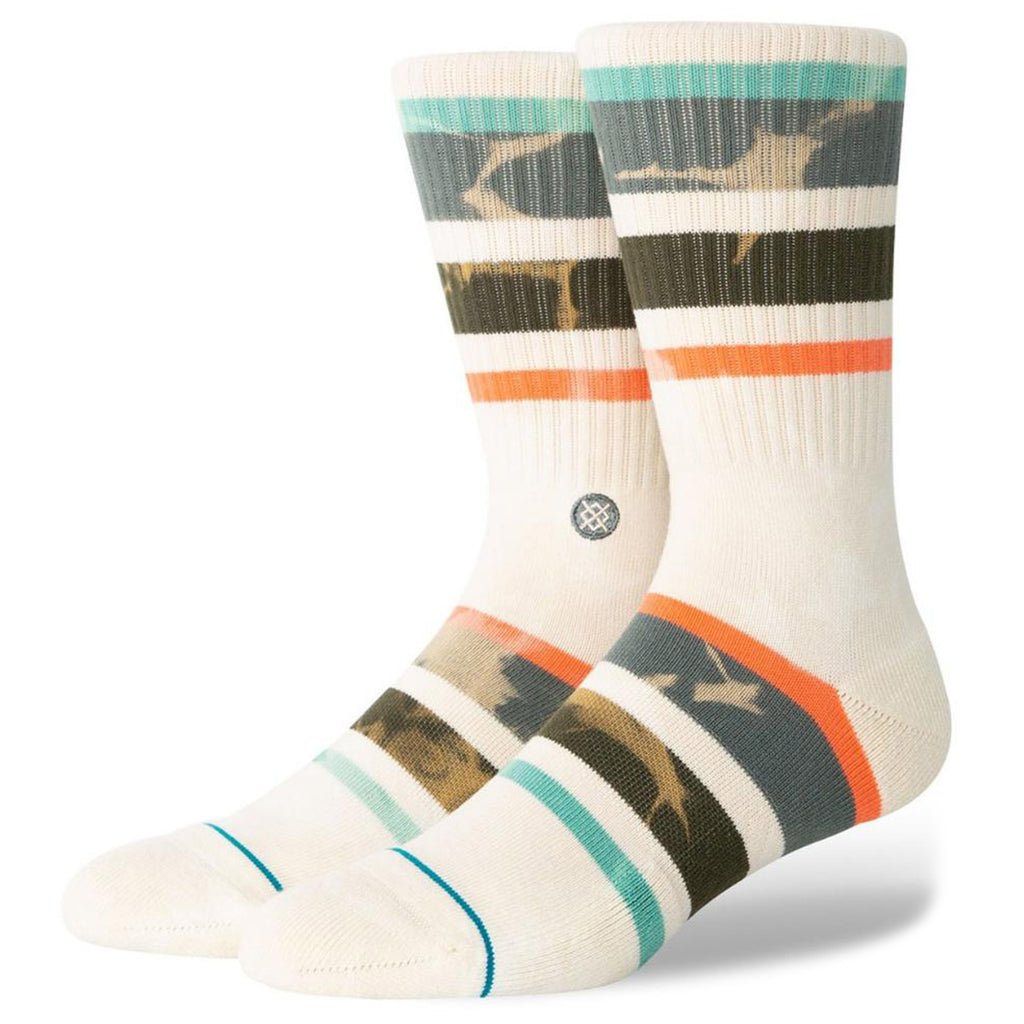 A pair of ivory socks with colored stripes and an acid wash design.