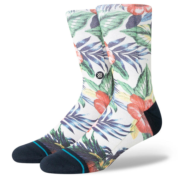 A tropical floral patterned pair of socks.