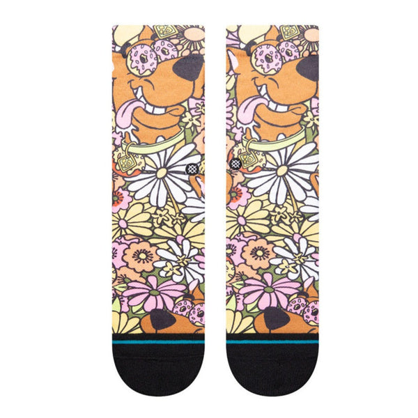 A pair of socks with scooby doo that has doughnuts over his eyes.