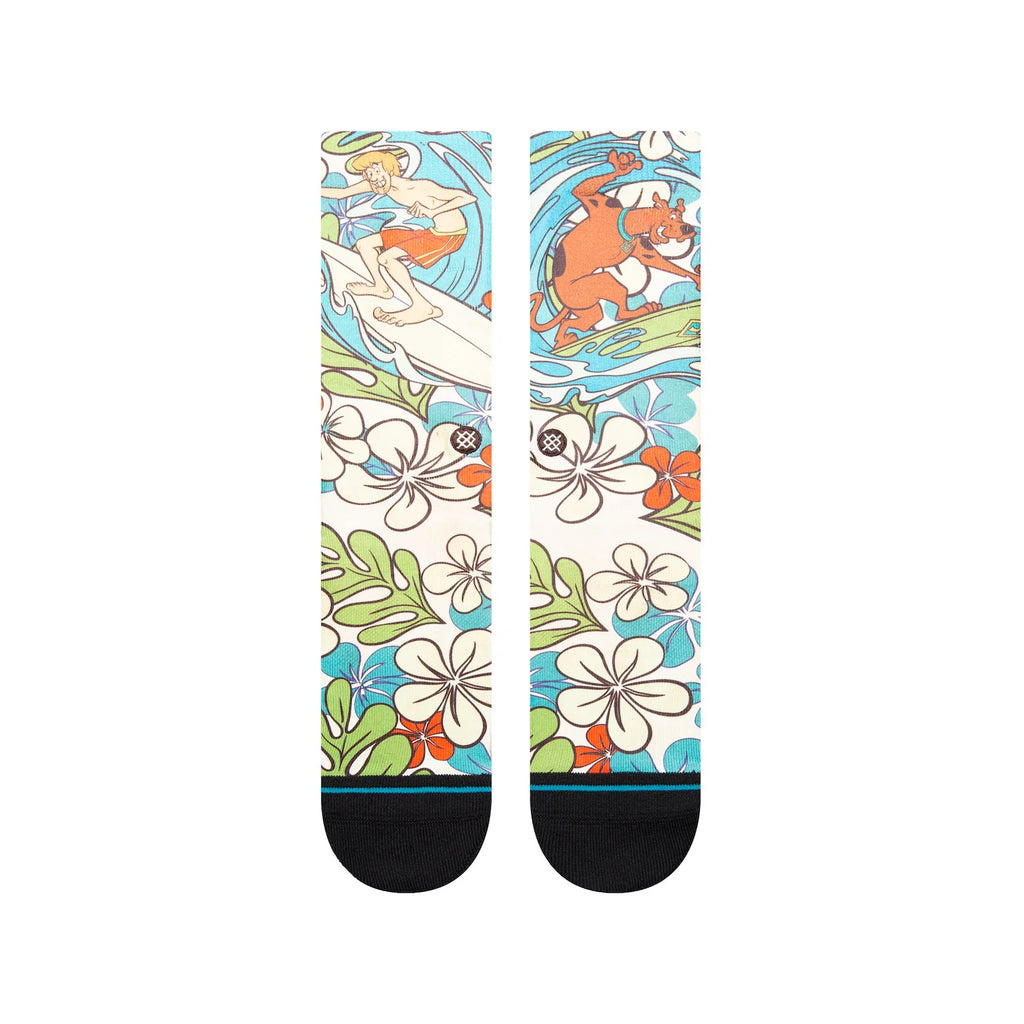 A pair of Hawaiian and floral print socks with Shaggy and Scooby surfing. 