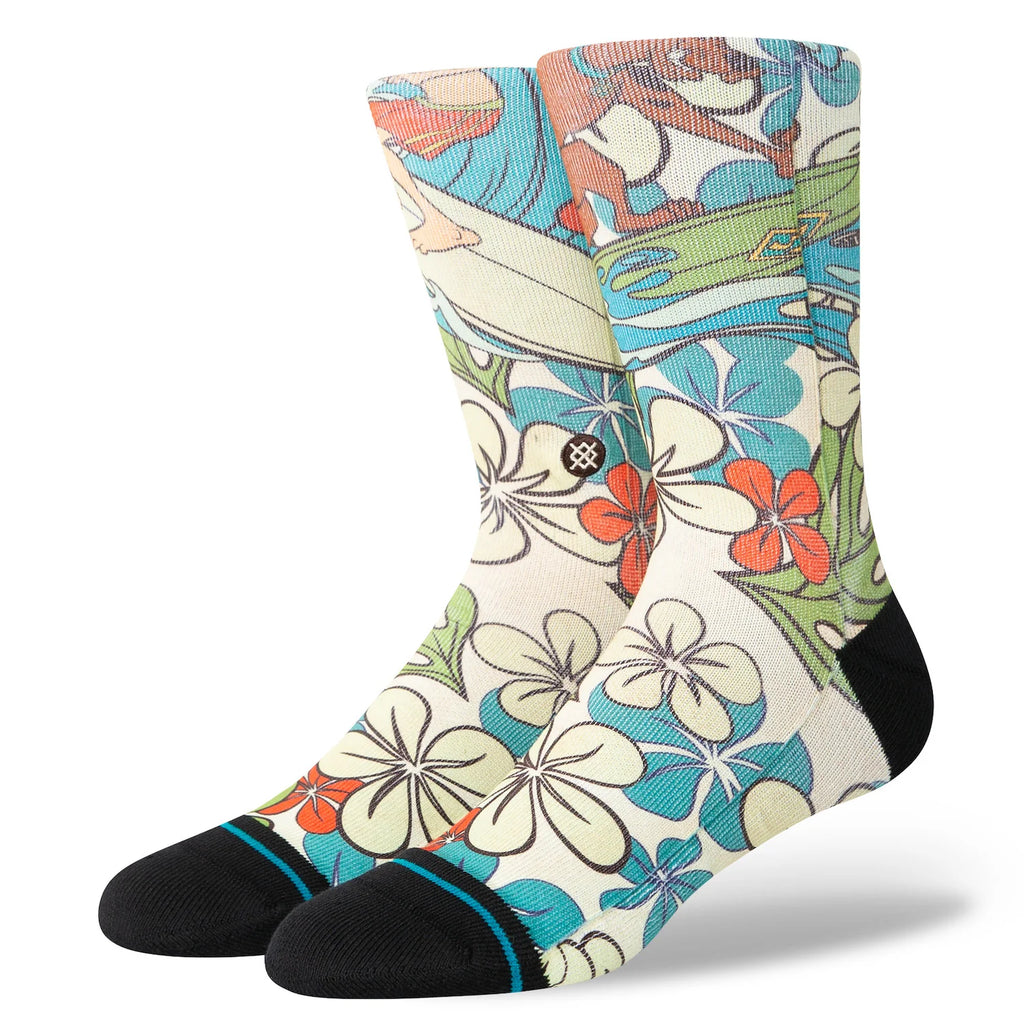 A pair of Hawaiian floral print socks with the stance logo.