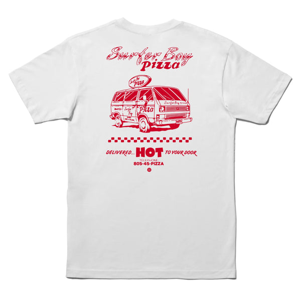 STANCE white cotton blend T-shirt with a red graphic of a vintage van and text advertising "Surfer Boy Pizza," including a phone number and the phrase "Delivered HOT to your door.