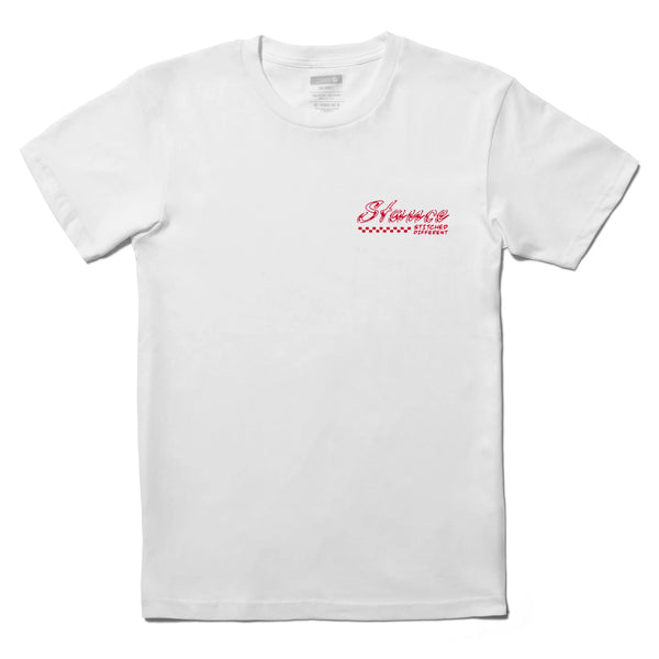 White cotton blend Stance t-shirt with the red "Stussy" logo embroidered on the left chest area, displayed on a flat surface.