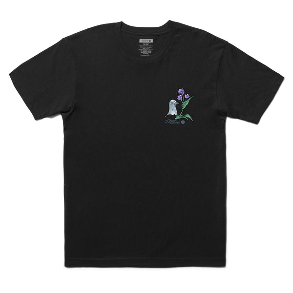 A STANCE X TODD FRANCIS PIGEON STREET TEE BLACK with a small graphic of a cartoon ghost and flowers on the left chest area, crafted from a cotton blend, displayed on a plain background.