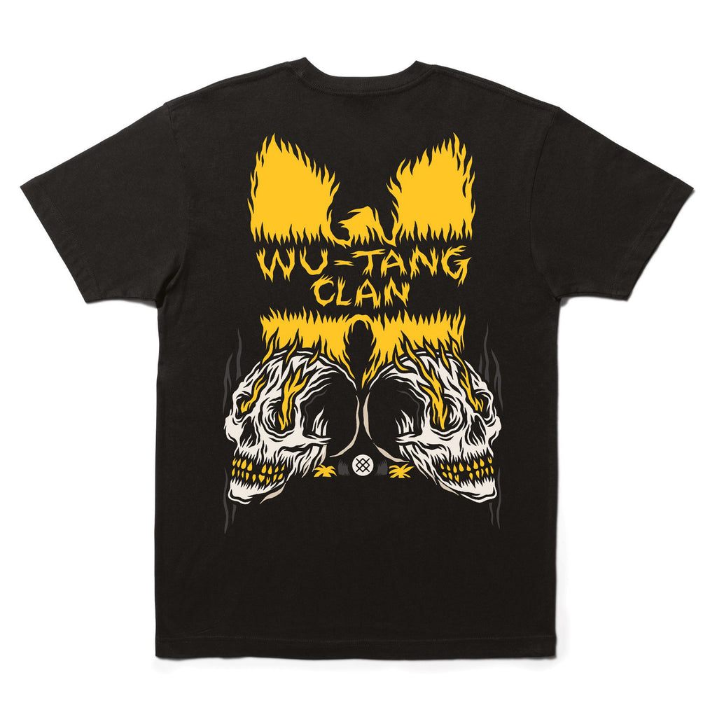 The STANCE X WU-TANG SKULL CLAN TEE BLACK is a black cotton blend t-shirt featuring the iconic Wu-Tang Clan logo in vibrant yellow, accented with two fiery skulls on the back. It is also pre-shrunk to ensure a perfect fit every time.