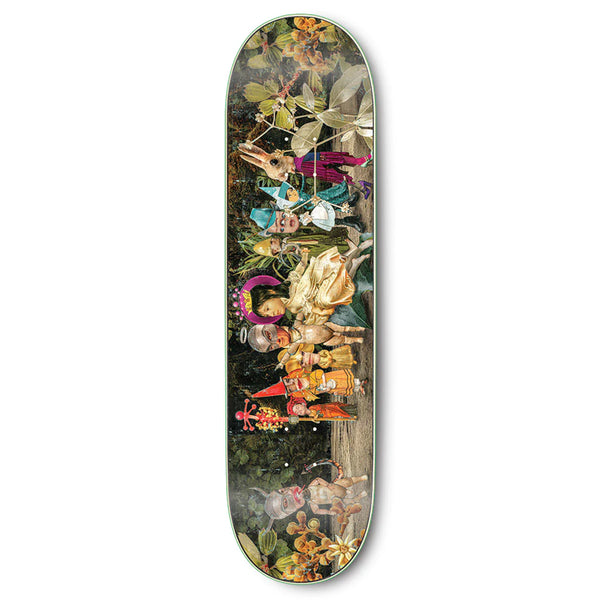 A STRANGELOVE skateboard with an image of a group of people in a forest, designed by Todd Bratrud.