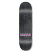 A skateboard with a blue and red STRANGE LOVE ALIEN AMOUR logo on it.