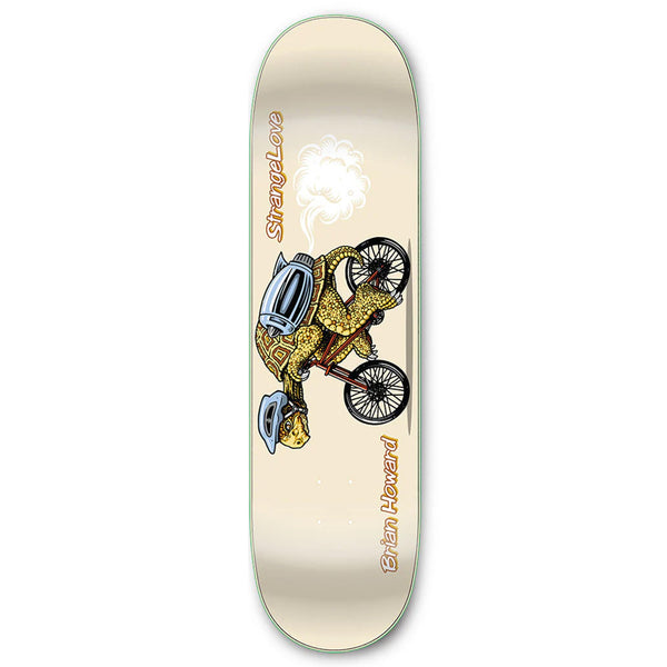 A STRANGELOVE BRIAN HOWARD HAND SCREENED skateboard deck featuring a whimsical graphic of a yellow frog riding a bicycle, with retro-style elements and text "brain powered" at the bottom.