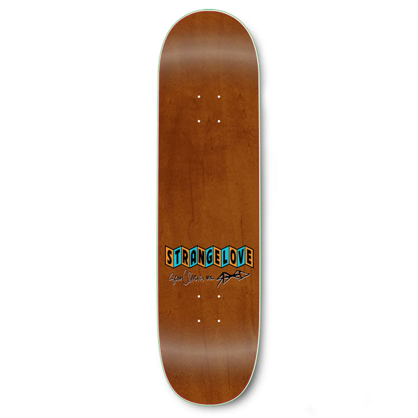 A STRANGELOVE skateboard with a blue logo on it.