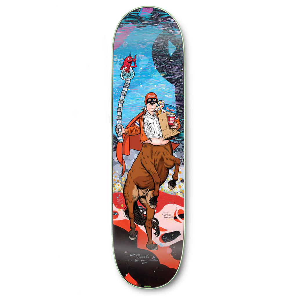 A STRANGELOVE skateboard with an image of a man riding a horse.