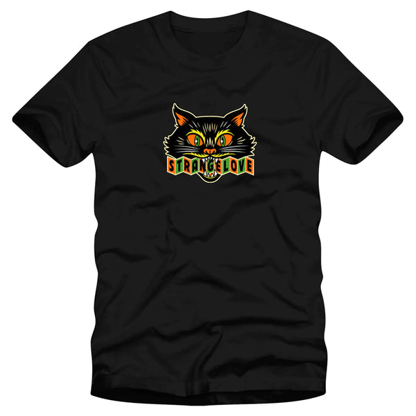 A STRANGELOVE black t-shirt with a cat on it featuring artwork by Sean Cliver.
