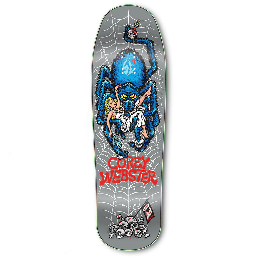 A skateboard deck featuring artwork by Todd Bratrud, depicting a spider in the Strangelove Corey Webster Silver theme.