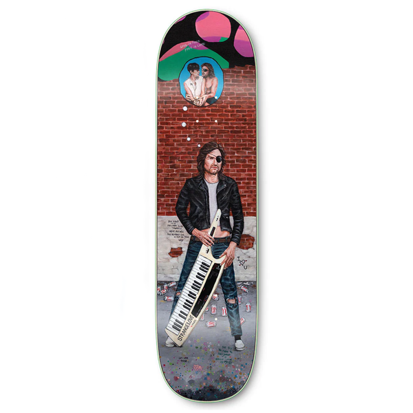 A STRANGELOVE skateboard featuring an image of a man holding a keyboard, manufactured by PS Stix and designed by Chris Reed.