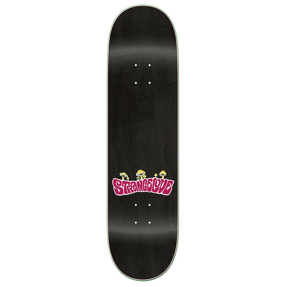 The STRANGELOVE 4/20 PENNINGTON CHIMP is a screen-printed skateboard deck in Grassbopper Pink on black, with whimsical mushroom illustrations at the bottom center.
