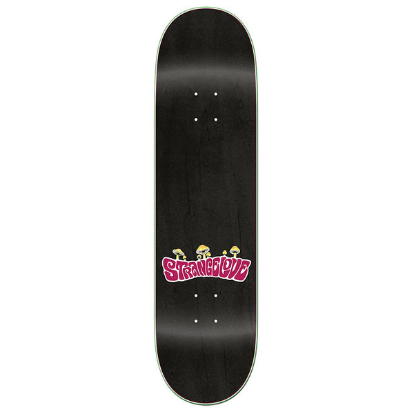 The STRANGELOVE 4/20 PENNINGTON CHIMP is a screen-printed skateboard deck in Grassbopper Pink on black, with whimsical mushroom illustrations at the bottom center.
