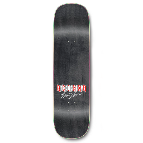 A STRANGELOVE skateboard with a red logo on it.