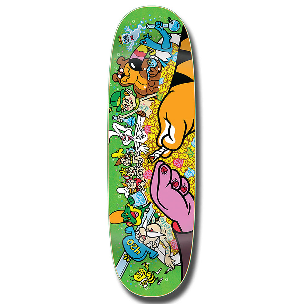 The STRANGELOVE 4/20 BRATRUD CEREAL HOT TUB skateboard deck by Todd Braturd features a chaotic cartoon scene with coins, food, and a hand on a green background.