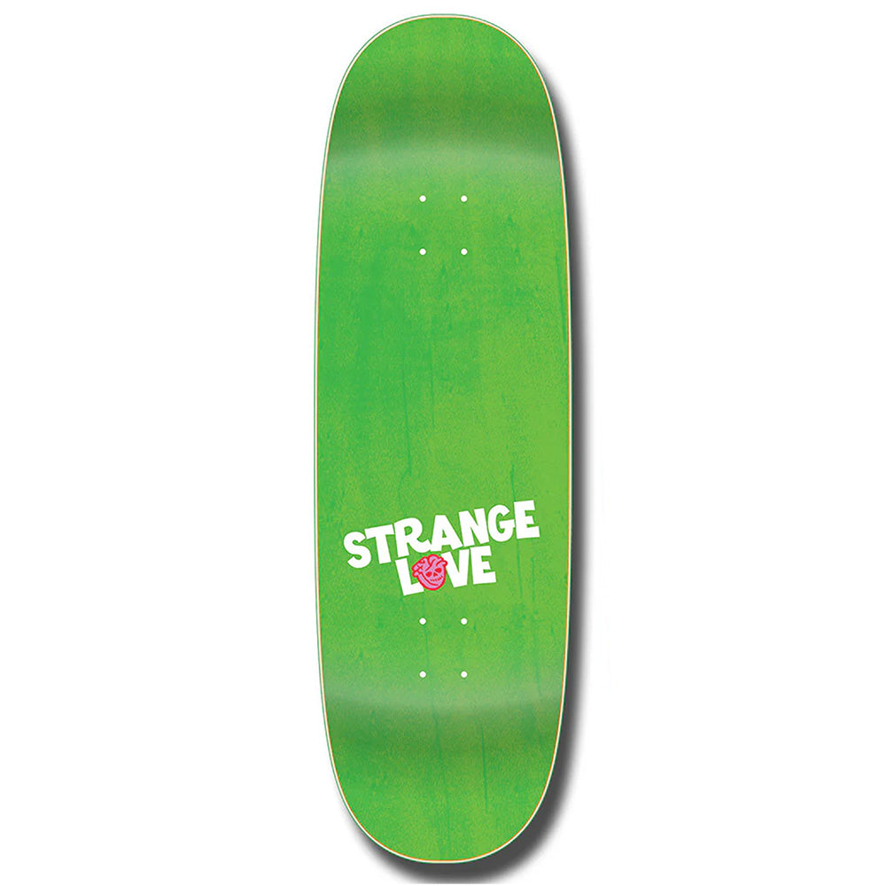 A hydro-dipped STRANGELOVE skateboard deck showcases the white "STRANGE LOVE" text with Todd Bratrud's unique artwork and a small pink graphic, known as the STRANGE LOVE 4/20 BRATRUD CEREAL HOT TUB.