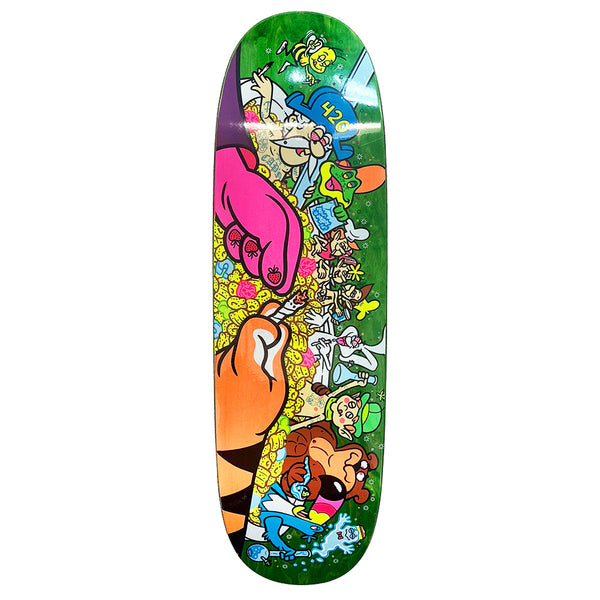 The STRANGELOVE 4/20 BRATRUD CEREAL HOT TUB FLUORESCENT skateboard deck showcases Todd Bratrud's colorful cartoon characters and vibrant designs on a green background, evoking a surreal cereal hot tub experience.